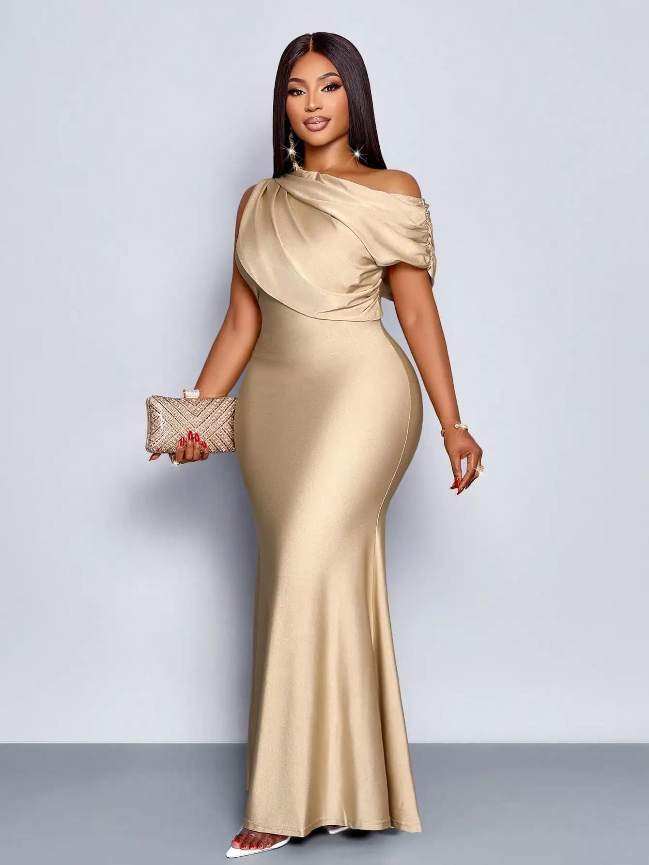 Elegant Evening Dress in Mermaid with Slopes Discovered, Plus Sizes, in Polished Apricot for Weddings and Celebrations