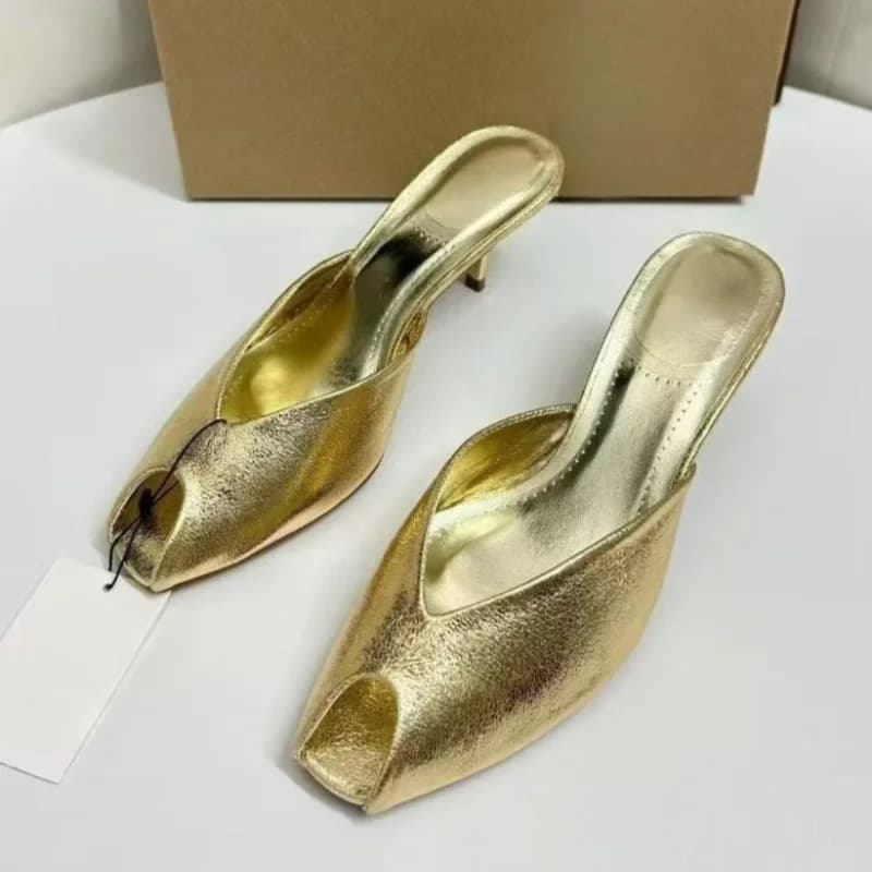 Women's Sandals Polished Gold with Medium Heel, Elegant Peep Toe Shoes, Modern Summer Women's Shoes