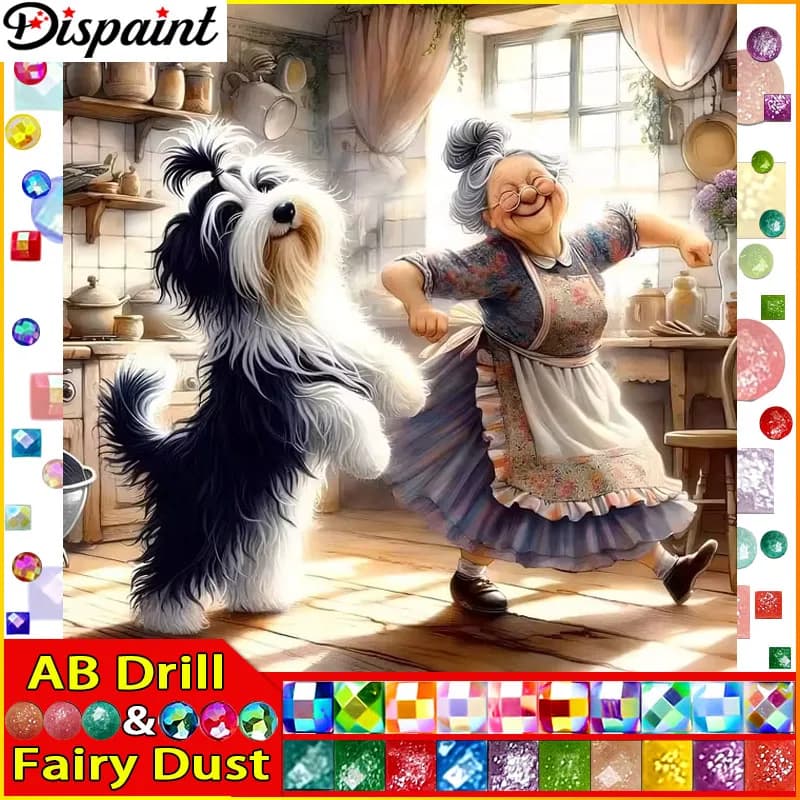 Dispaint Fairy Dust AB 5D Diamond Embroidery Needlework Kit"Granny Dog ​​Kitchen"Diy Diamond Painting Cross Stitch Home Decora