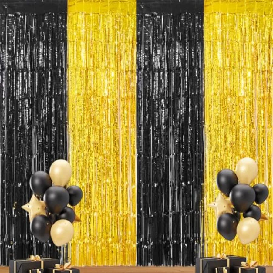 2 Pack Black and Gold 2026 Graduation Party Decor 3.3x6.6Ft Graduation Foil Fringe Curtain Backdrop Metallic Tinsel Foil Stream