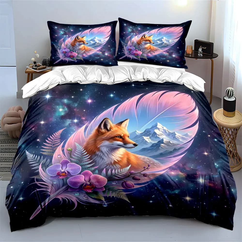 Fox Feather Purple Flowers Mountain Galaxy Print Bedding Set 1 Duvet Cover 2 Pillowcases for Adult and Children Luxury Gift