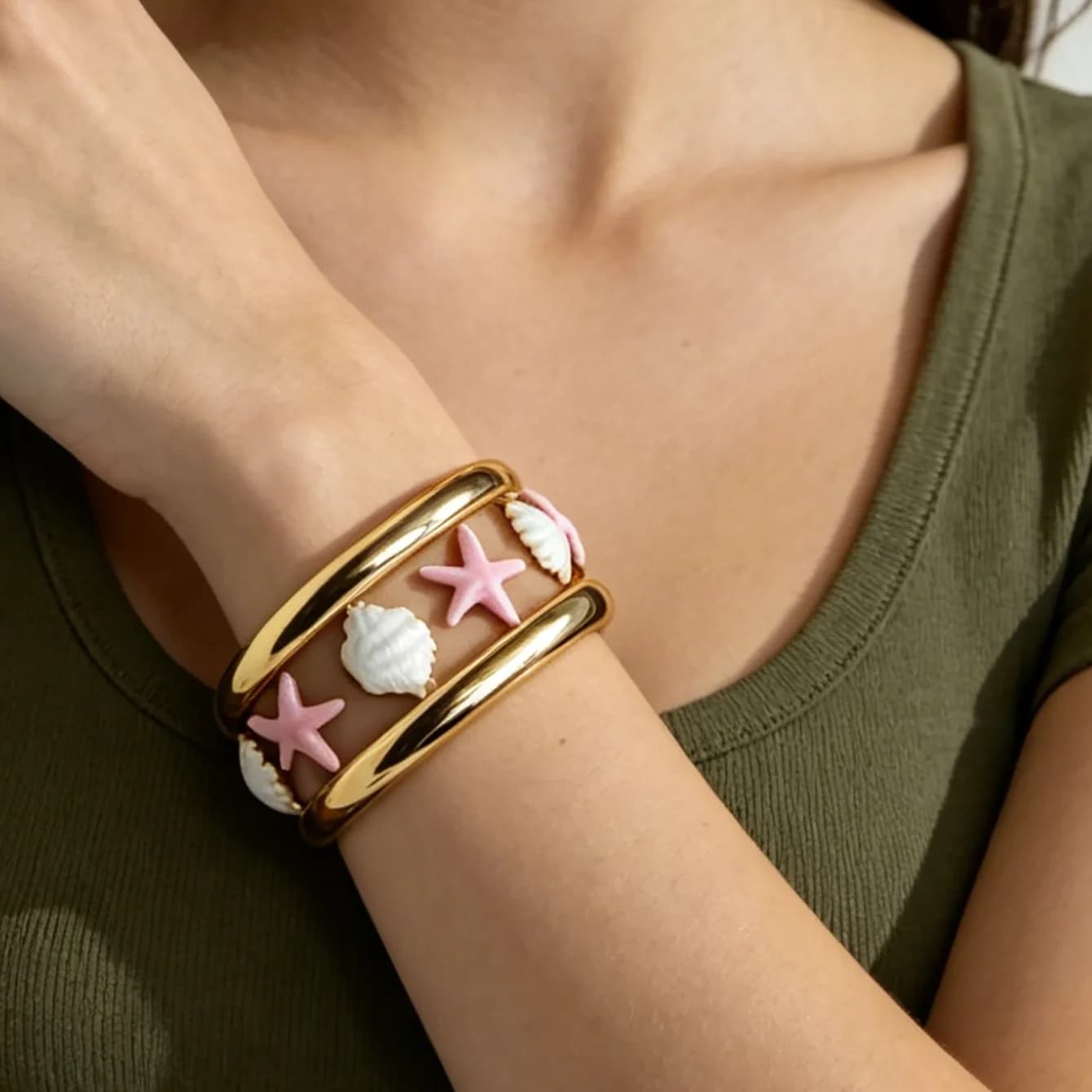 Aesthetic Marine Cuff Bracelet Gold Plated Open Bangle Pink Starfish White Shells Coastal Chic Summer Beach Jewelry Romantic