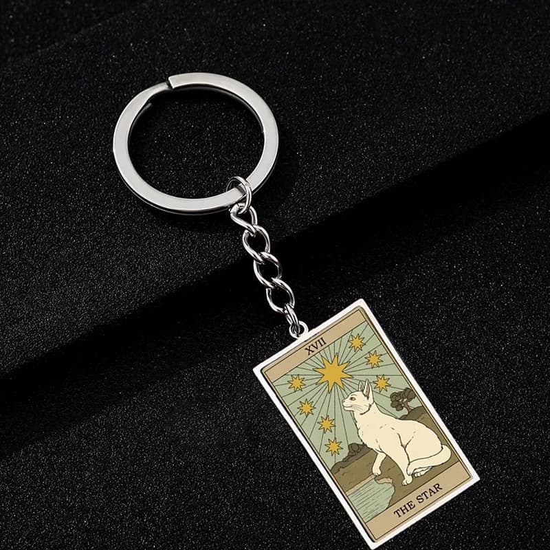 Portachiavi con carta dei tarocchi simpatico gatto Portachiavi con ciondolo in acciaio inossidabile epossidico rettangolare vintage Gioielli per divinazione animale