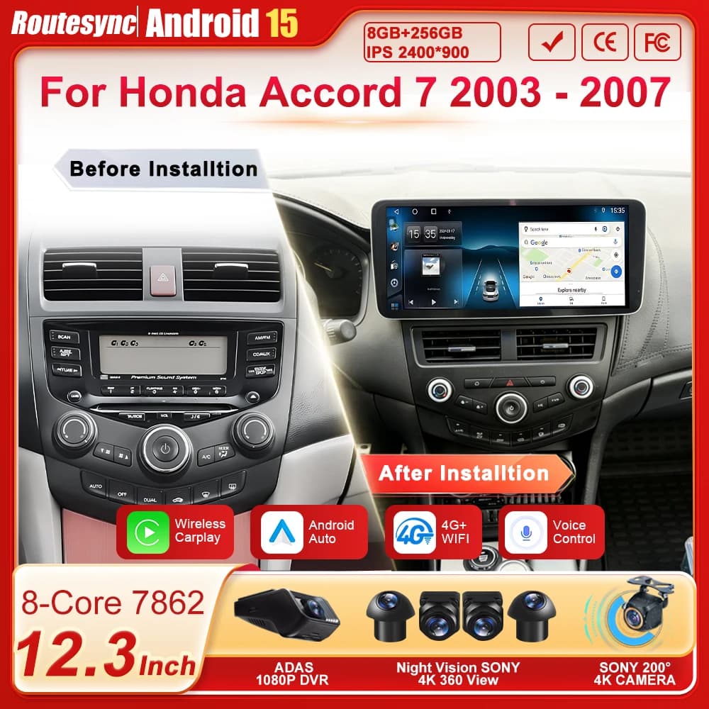 Autoradio Android 15 da 12,3 Pollici 2 DIN per Honda Accord 7 2003-2007 con Carplay, Touchscreen, Bluetooth, GPS, 8 Core DSP