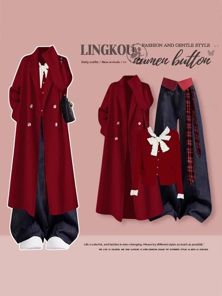 Set natalizio rosso taglie forti composto da maglione, giacca e jeans, tre pezzi, abbigliamento casual da donna, pantaloni lunghi a vita alta.