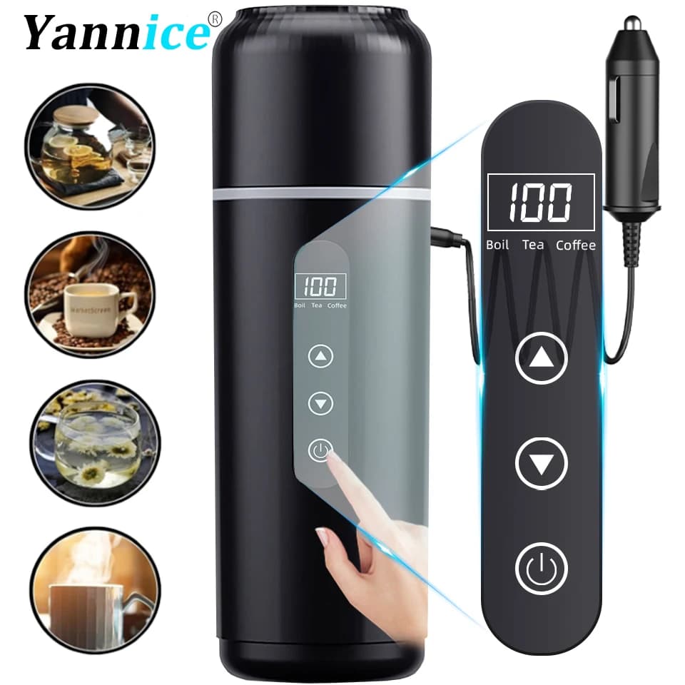 Electric kettle 12V24V Portable Car Heating Cup 500ml Travel Heating Touch Screen Smart Adjustable Temperature Thermal Cup