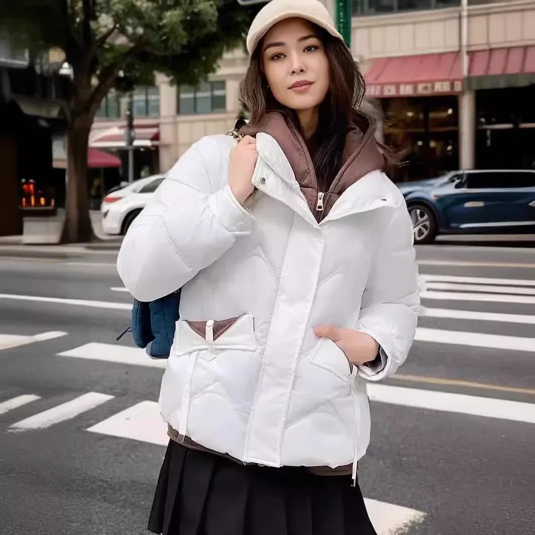 2025 Giacca corta da donna nuova invernale Contrasto femminile Falso in due pezzi Parka Cappotti Giacca da donna in cotone caldo addensato