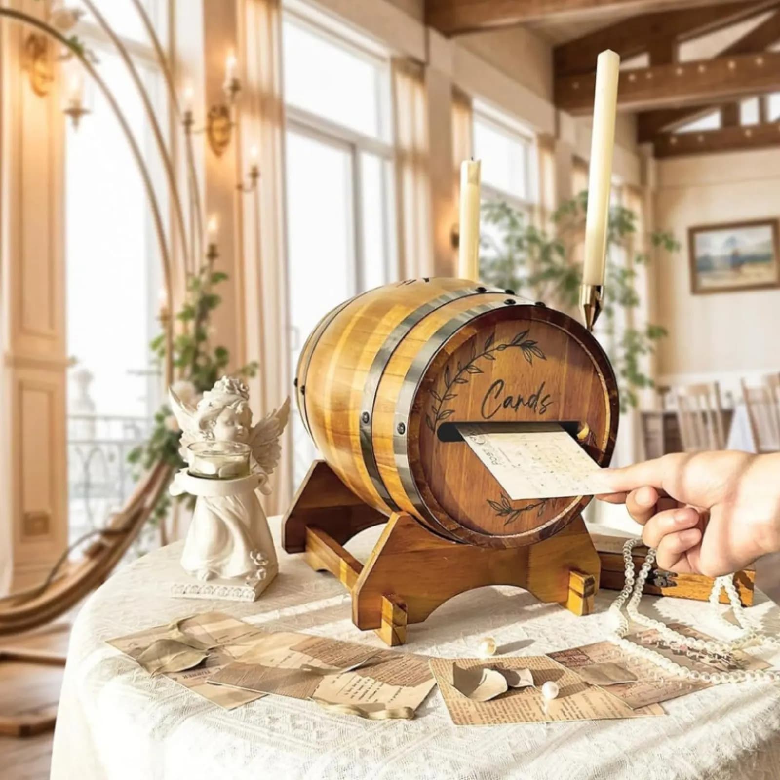 Scatola per biglietti a forma di barile di bourbon, con ampia apertura, in legno, rustica, porta buste, facile da montare, riutilizzabile per baby shower