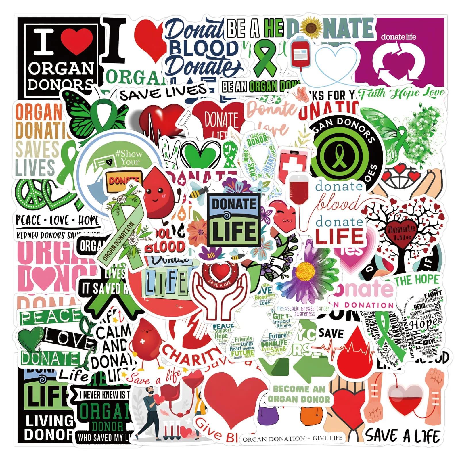 50 adesivi Donate Life, organo, donazione del sangue, adesivi carini impermeabili per diario, laptop, bottiglia d'acqua, decorazioni a tema salva vita