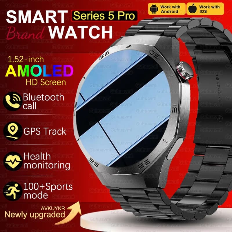 2025 New Watch 5 Pro Sport Fashion Smart Men Watch 1.52 '' Full Touch Screen GPS Track Sport Fitness Cardiac Frequency SmartWatch