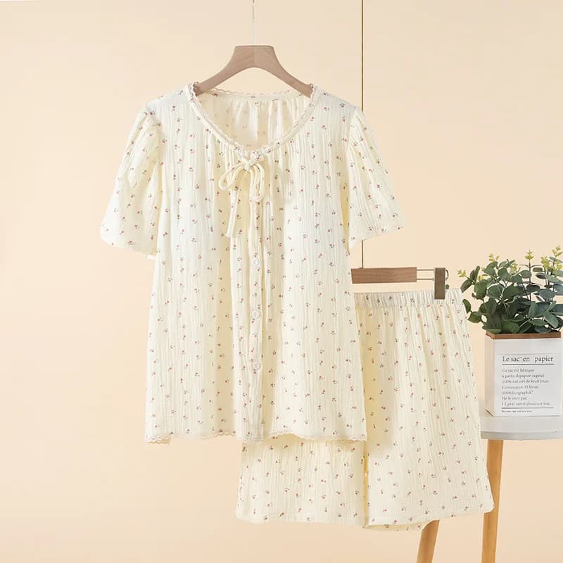 Women's Pure Cotton Crepe Pajamas Summer Thin Round Neck Short-sleeved Shorts Loungewear Loose with Chest Pad Home Clothes
