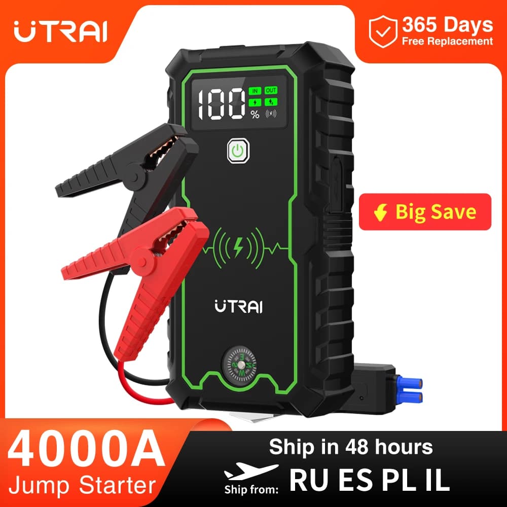 UTRAI Avviatore di emergenza per auto 4000A Avviamenti per batteria per auto 16000mAh Banca di potere portatile 10W Booster di propulsione di ricarica wireless per auto