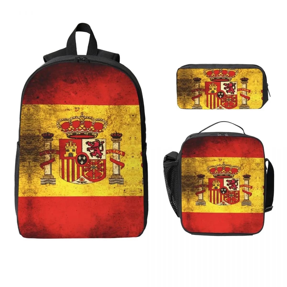 Set di borse da scuola a tema bandiera della Spagna da 3 pezzi per set di zaini per astucci per ragazzi e ragazze con scatola per il pranzo per studenti delle scuole
