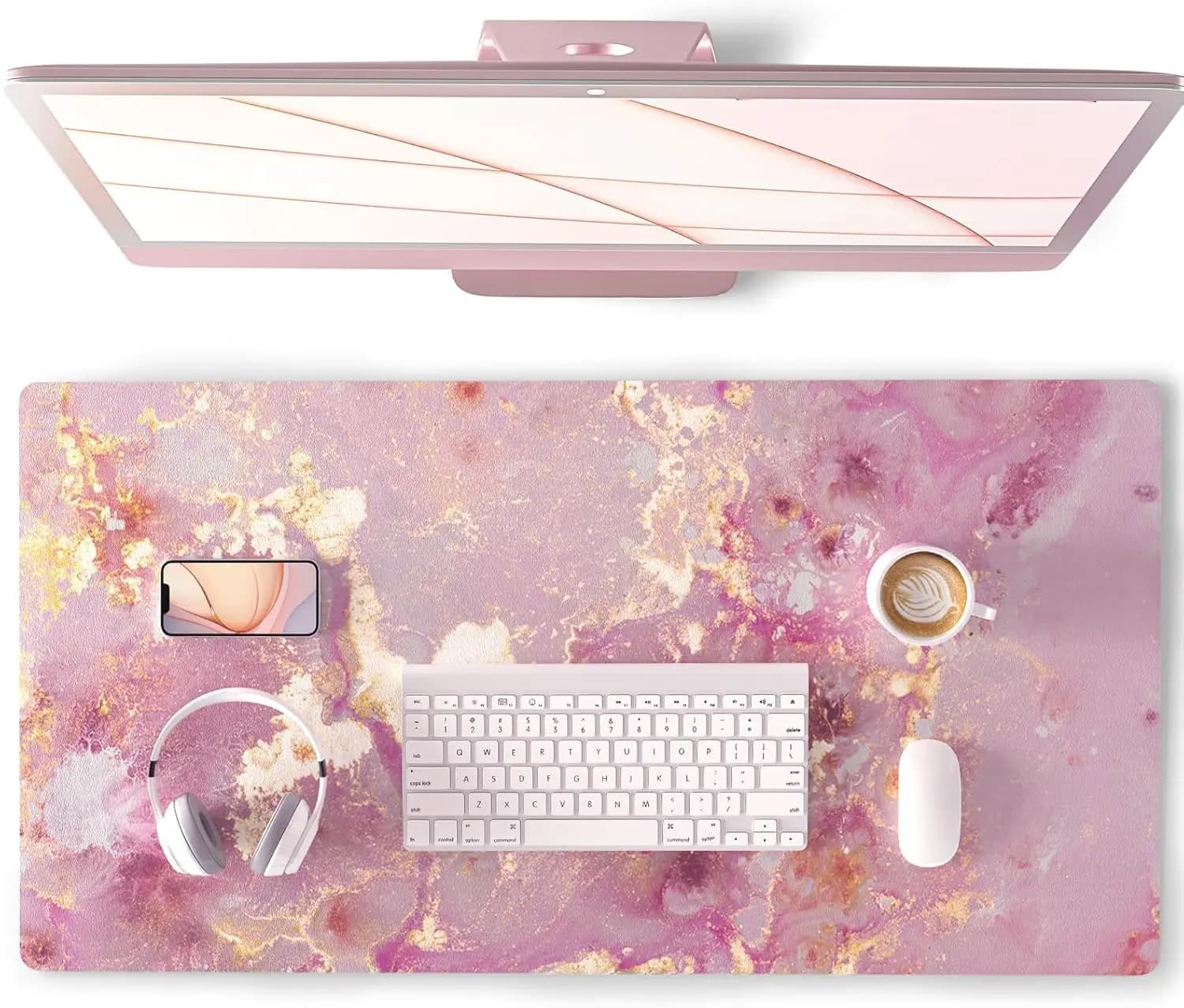 Grande Tappetino da Scrivania in Pelle PU Rosa, Tappetino Mouse Impermeabile per Gaming e Ufficio, Design Marmo Oro Rosa, 80x40 cm
