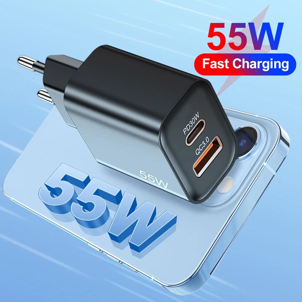 Caricatore di ricarica USB veloce PD da 55 W Adattatore per caricabatterie da muro con spina UE USA a 2 porte per iPhone Xiaomi Huawei Samsung Caricatore per telefono USB C