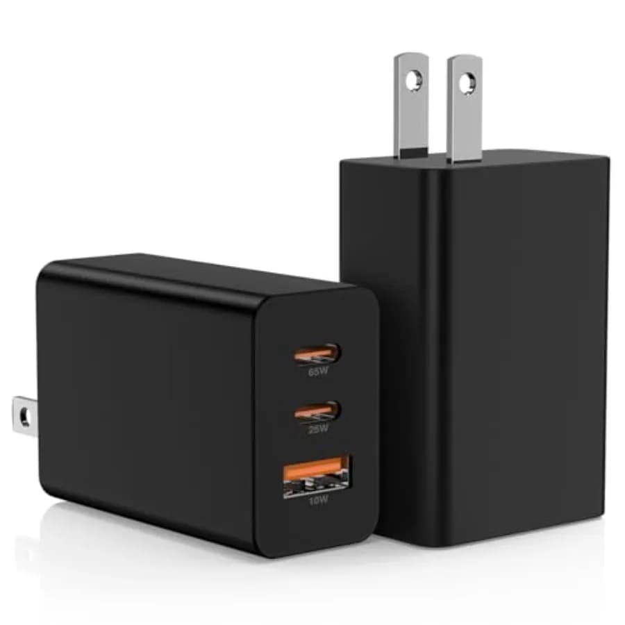 2Pack 65W USB C Wall Charger Block, 3-Port USB C Charging Adapter 100W Type C er Fast Charging Power Plug Cube for Book Pro/Air