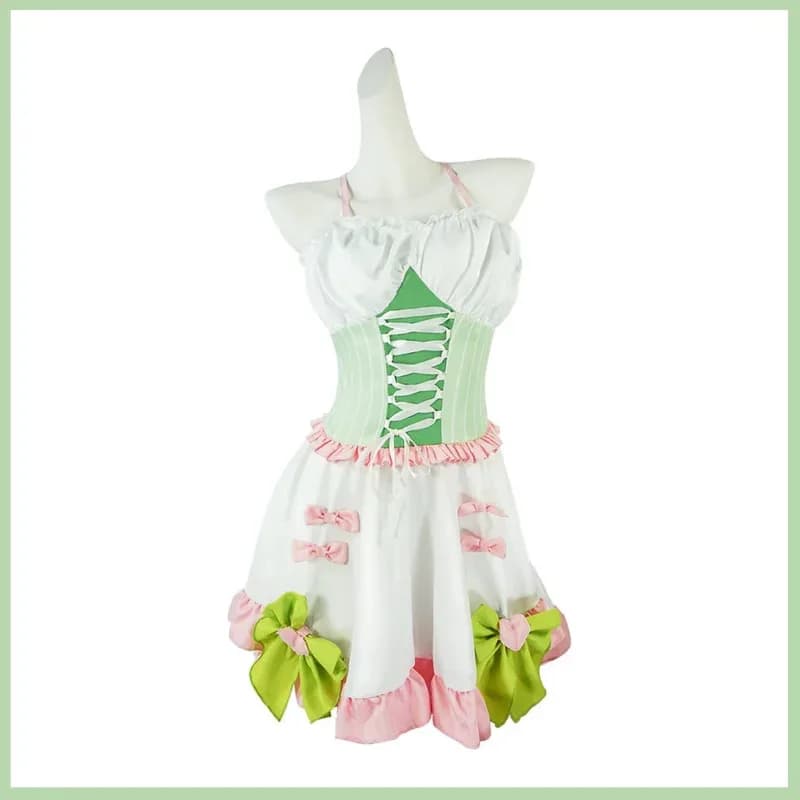 Anime Kanroji Mitsuri Costume Cosplay Kokyu Doujin Off Shoulder Dress Socks Wig Woman Sexy Kawaii Carnival Party Dress if;3