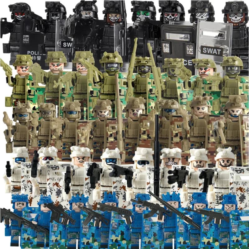 Blocchi militari, polizia speciale fantasma, piccole particelle di bambini che assemblano bambole, soldati, armi jeep