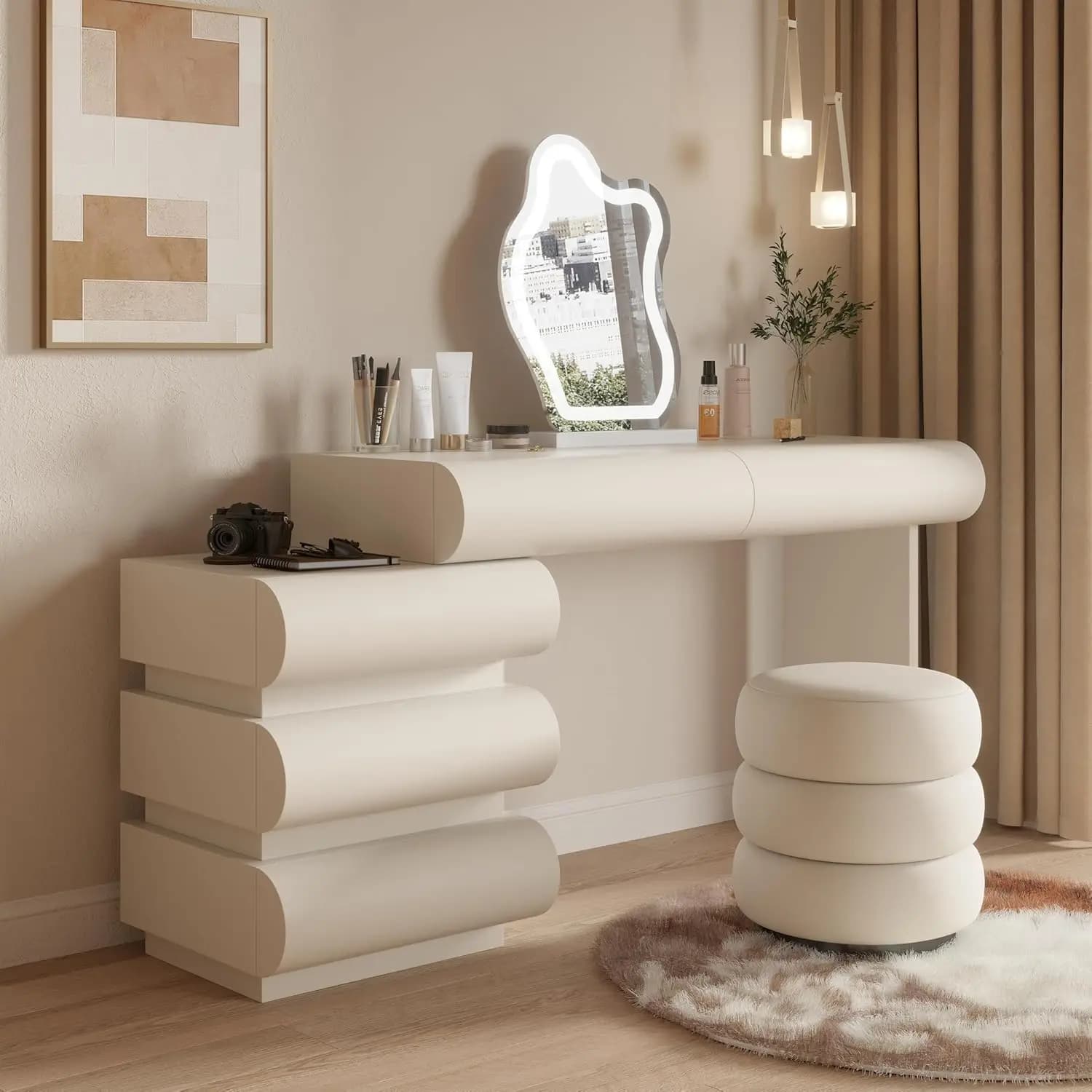 Makeup Vanity Desk with Mirror and Lights, Luxury Dressing Table with Free Retractable Side Cabinet, Microfibre, Customized