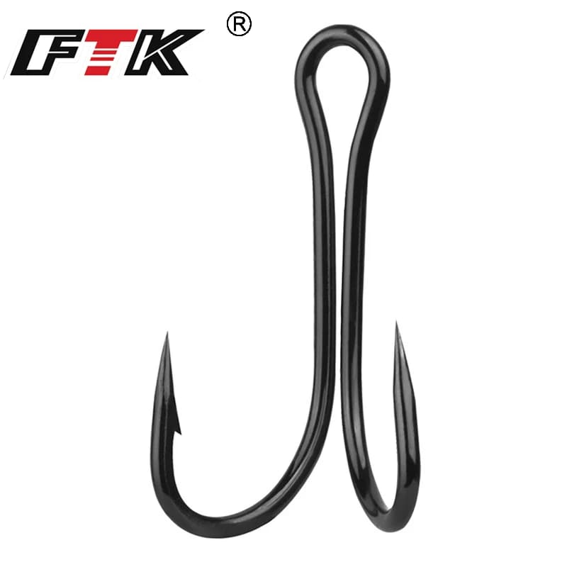 FTK Ami doppi da pesca 50 pezzi Nero Classico Frock Hook Acciaio ad alto tenore di carbonio spinato Sharp Worm Hook Sostituzione Ami da pesca Richiamo