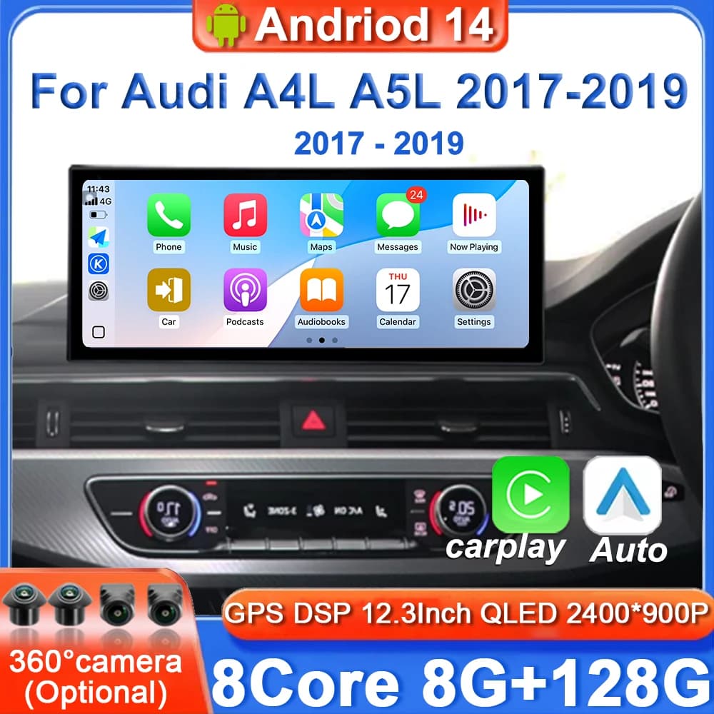 12.3 "Android 14 Per Audi A4L A5L 2017 - 2019 Radio Multimediale 4G Senza Fili Bluetooth Carplay Schermo di Navigazione Guida a destra