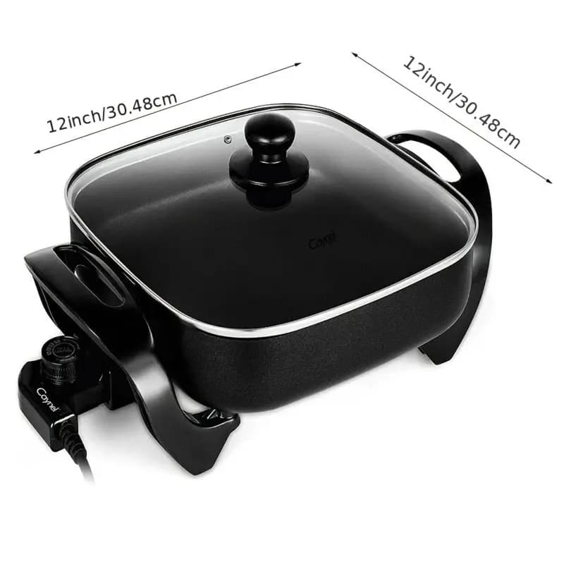 12-Inch Nonstick Ceramic Electric Skillet with Tempered Glass Lid • Aluminum Body • 1400W Power • Adjustable Temperature Control (Up to 420°F) • Versatile Cooking for Frying, Baking, Steaming & Simmering • Smooth Surface for Easy Cleaning • Compact Design