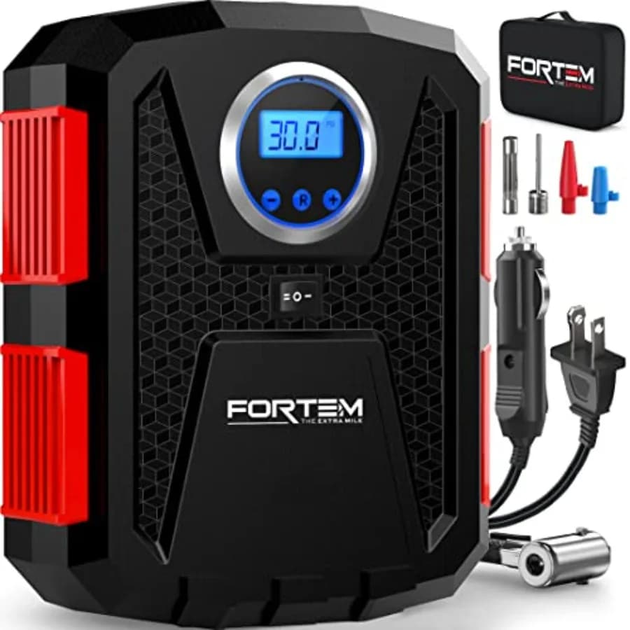Compressore d'aria portatile FORTEM per pneumatici auto e biciclette, pompa per pneumatici auto con spegnimento automatico, 150 PSI, 12V DC, LED
