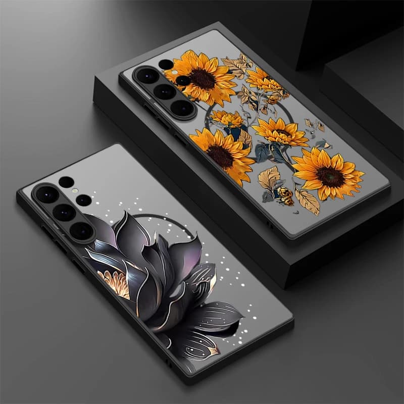 Black Case with Lotus Sunflower Pattern for Samsung Galaxy S26 Ultra S25 Edge S24 S23 S22 Plus S21 FE, Cover Opaca Sottile with Magnetic Ring