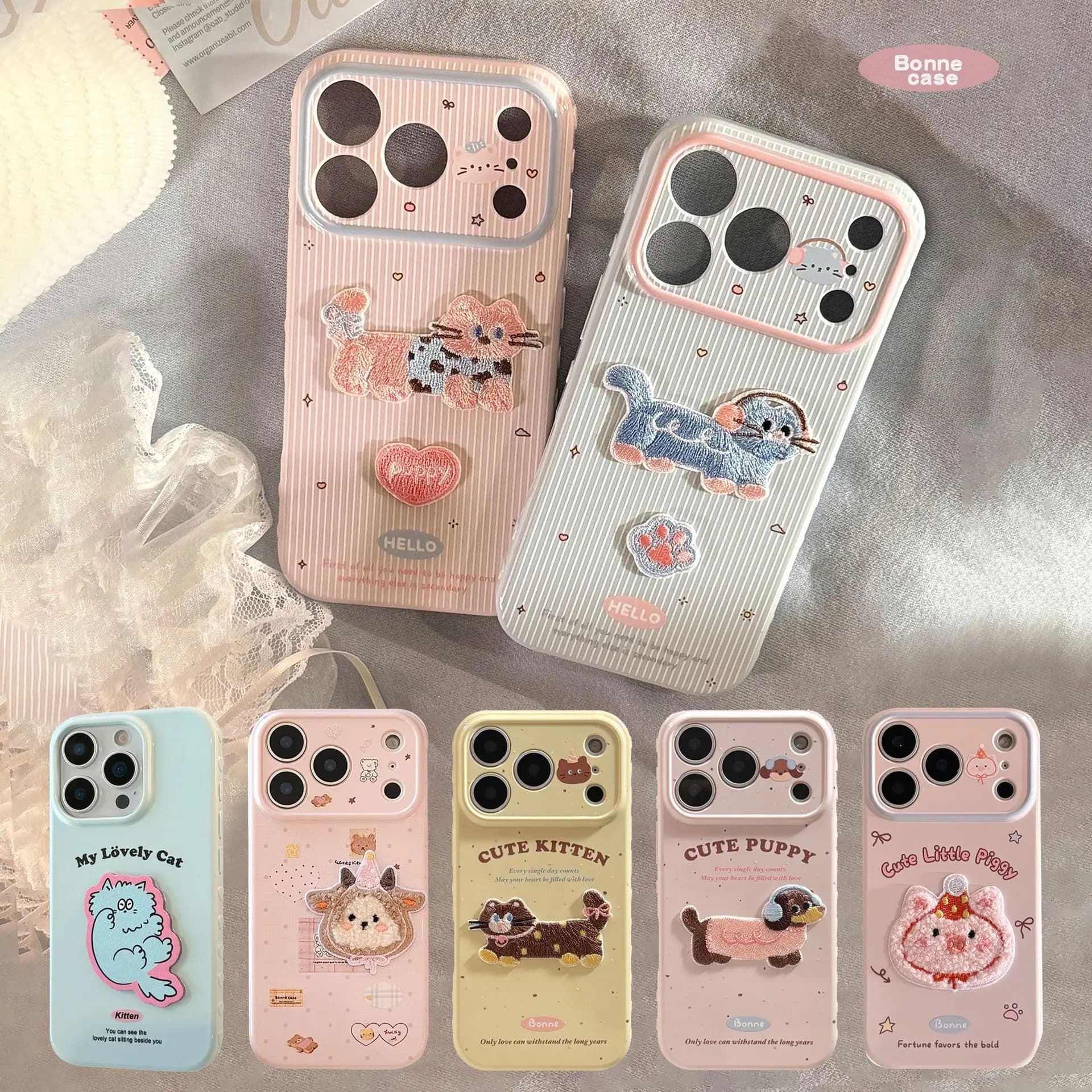 3D Korean phone case in plush with embroidered animals for iPhone 17 16 15 14 13 12 Pro Max, caramel, shockproof, soft
