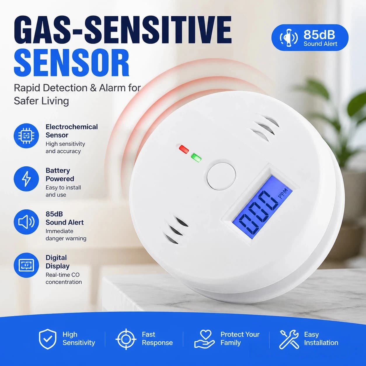 Rilevatore di Monossido di Carbonio a Batteria con Display Digitale, Allarme Sonoro 85dB, Sensore di Gas CO, Monitor di Sicurezza per Interni Domestici