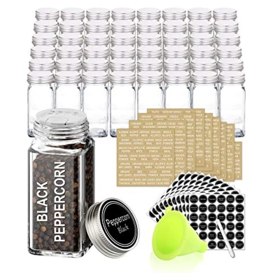 SWOMMOLY Set Completo di 48 Barattoli in Vetro per Spezie con 713 Etichette, Pennarello e Imbuto 48 Barattoli di Vetro Quadrati da 4OZ con Tappo Ermetico