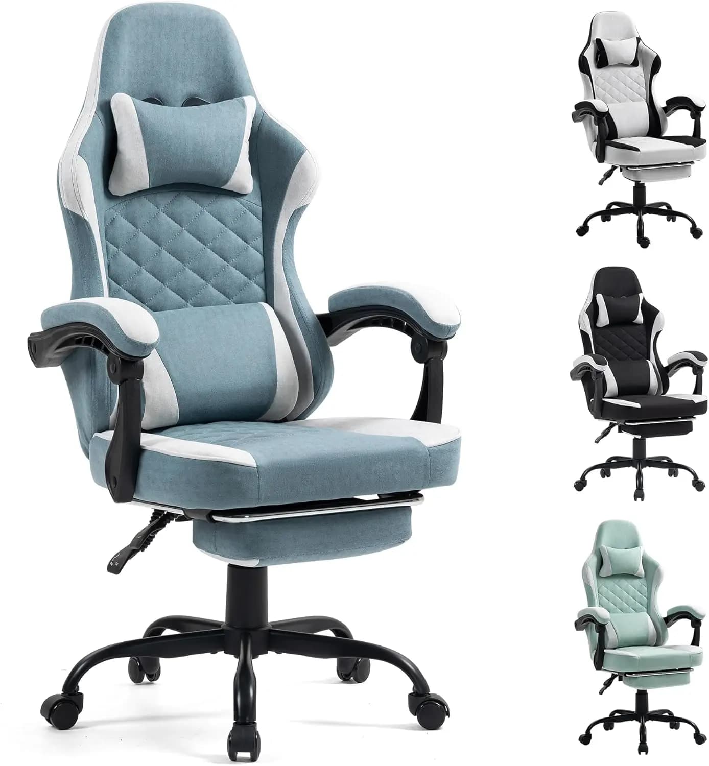Sedia da Gaming Ergonomica con Poggiapiedi per Adulti - Sedia da Computer Reclinabile Grande e Alta in Tessuto Blu/Grigio Chiaro