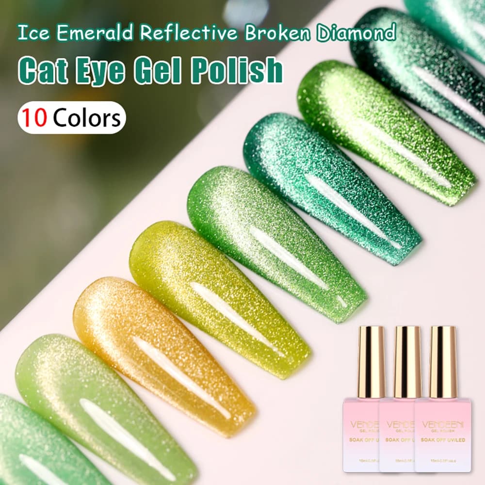 Vendeeni 10 Colors Green Glitter Broken Diamond Cat Eye Gel Nail Polish Magnetic UV Soak Off Gel Varnish Ice Emerald Gel Lacquer