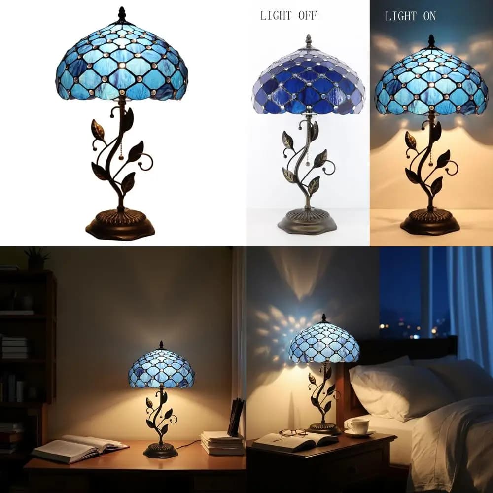 Lampada da scrivania Tiffany in vetro colorato, 12x12x19, base in metallo, stile perline blu, ideale per la lettura sul comodino