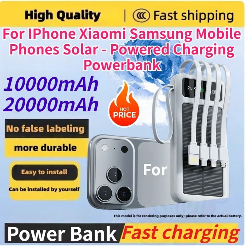 Nuovo Power Bank da 20000/10000mAh con Cavo Integrato per iPhone, Xiaomi e Samsung - Powerbank a Ricarica Solare