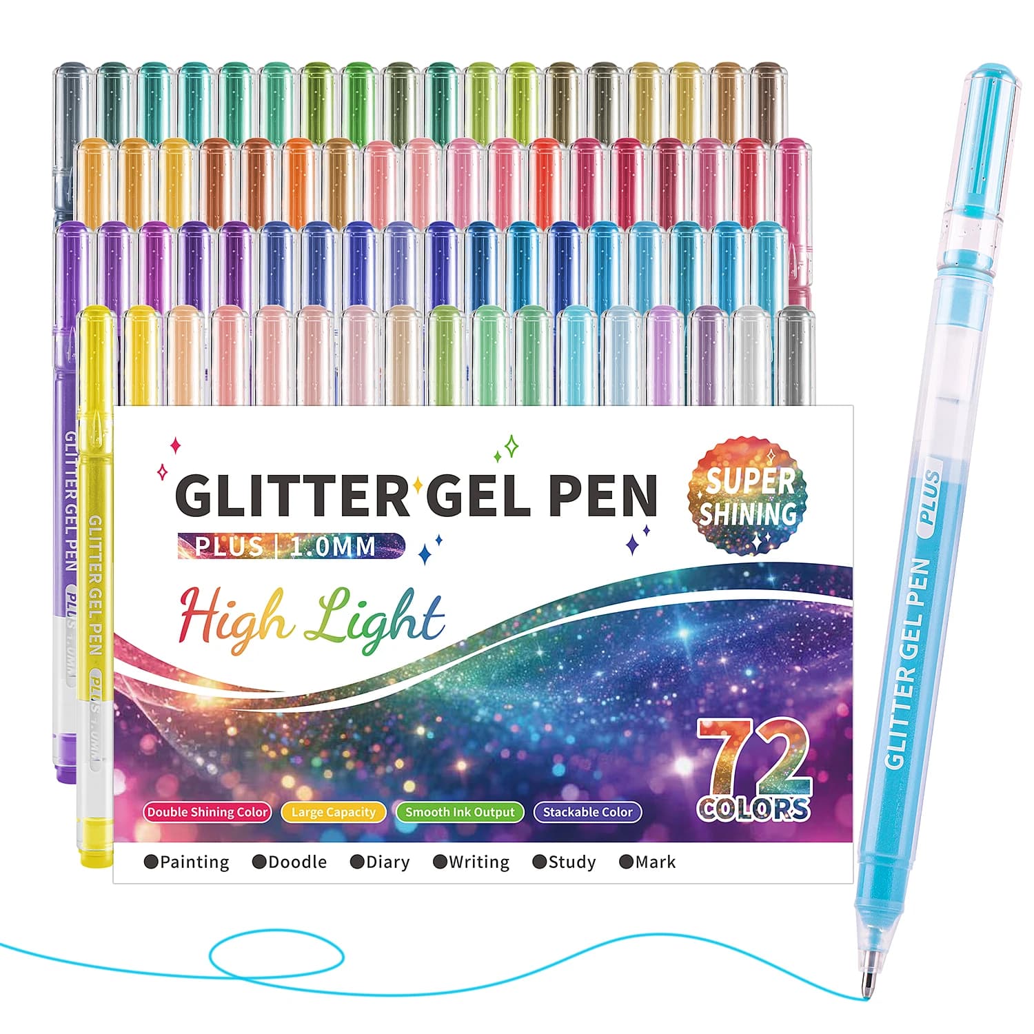 Set di 72 Penne Gel Glitterate, Penne per Journaling, Punta Bold da 1.0mm, Effetto Super Lucido, Grande Resa d'Inchiostro, Scrittura Fluida, Adatte per Disegno, Doodling, Journaling, Scrittura, Applicazione di Colori Stratificati e Marcatura per lo Studio