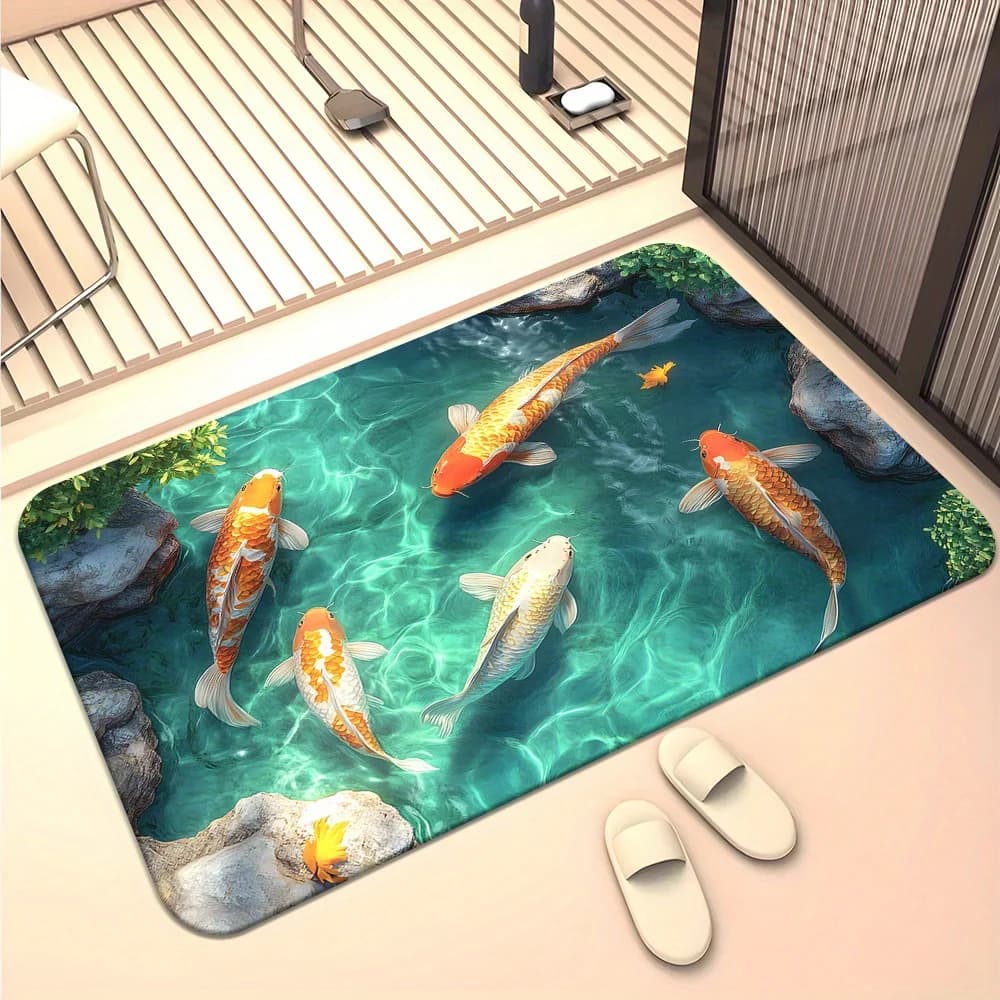 1pc 3D colorato koi tappetino per laghetto per pesci tessuto in poliestere antiscivolo lavabile in lavatrice adatto per bagno, camera da letto, soggiorno