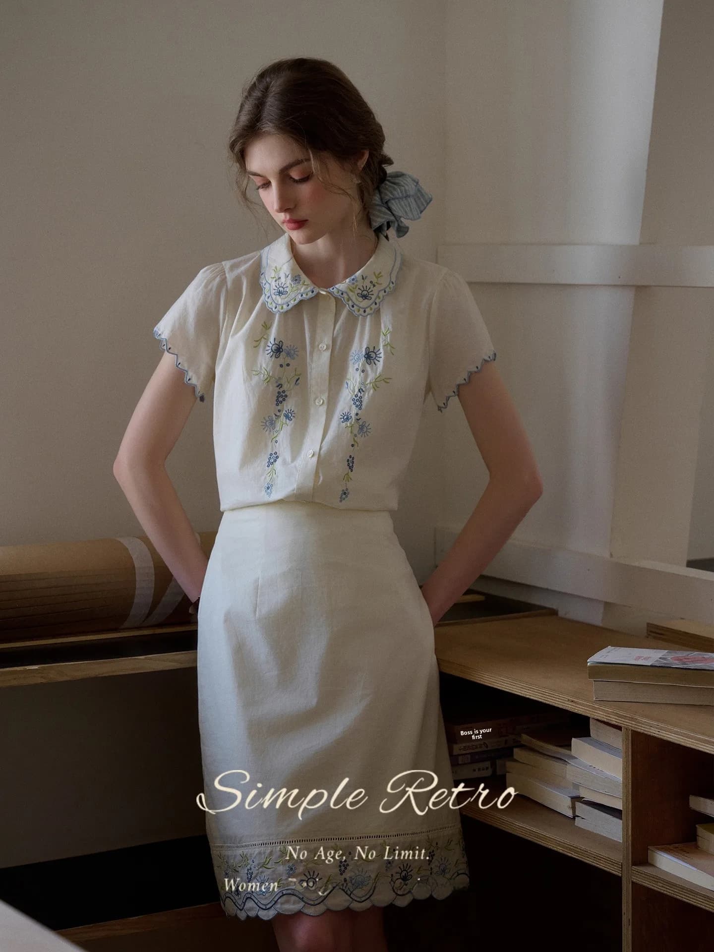 SimpleRetro Bellflower Glasses Cotton Blend Short Sleeve Sweet Style Summer Fashion Set Women's Skirt Dress Two-Piece Suit