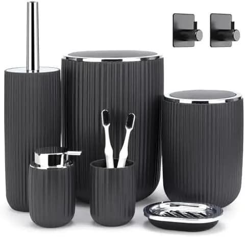 Set da Bagno Boperzi 8 Pezzi Grigio con Cestino, Scopino e Dispenser Sapone - Accessori Bagno Moderni