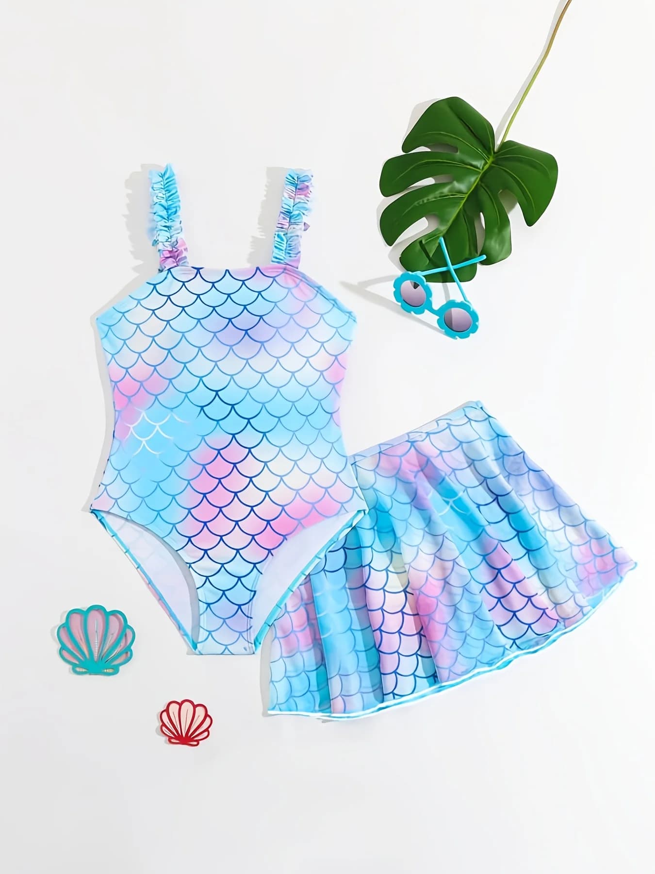 Costume intero da bagno con stampa sirena per bambina, con gonna in tulle, per spiaggia, piscina, vacanze, uso quotidiano, casual, all'aperto, alla moda per bambini
