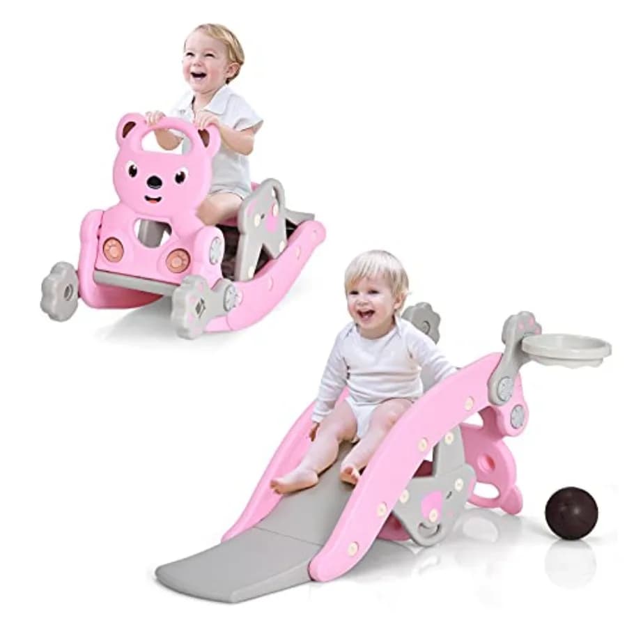 Scivolo 5 in 1 per Bambini con Sgabello Staccabile, Canestro da Basket e Gioco dell'Anello, Pieghevole, con Struttura per Arrampicata