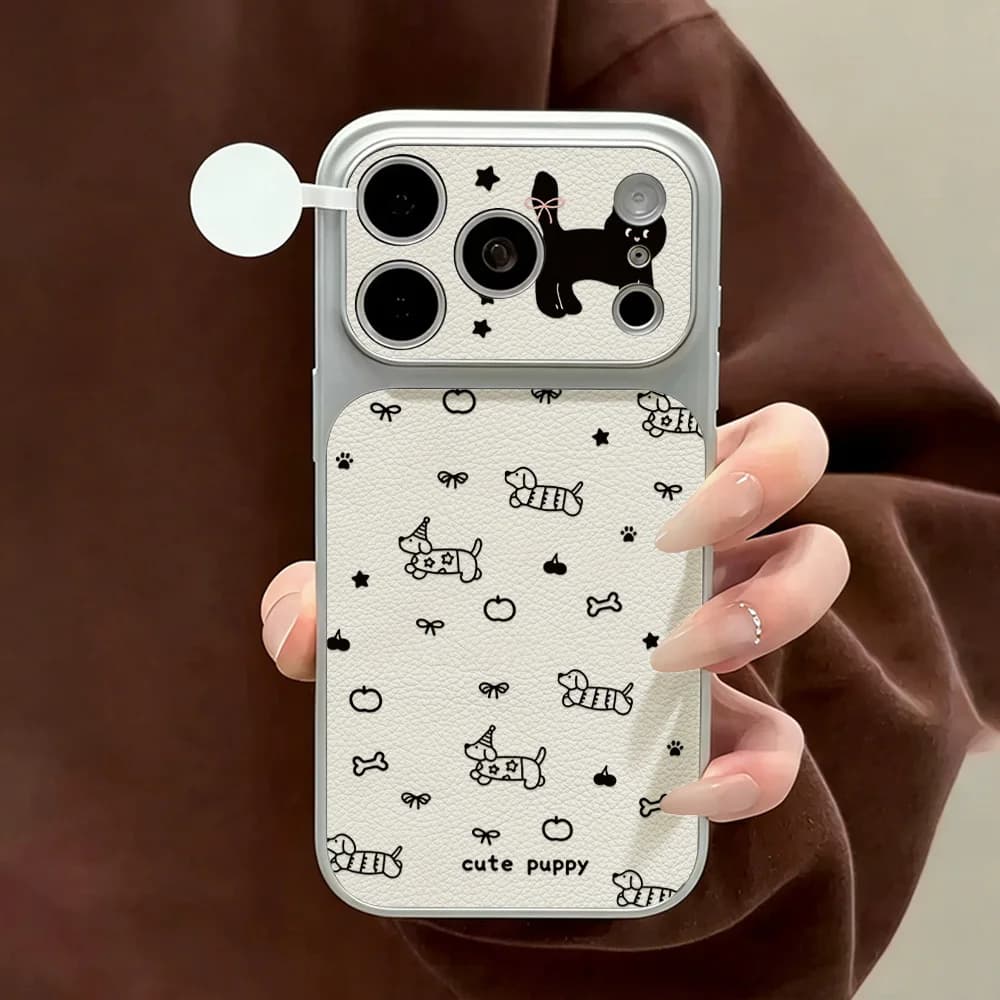 Cute Puppy Leather Phone Case For iPhone 17 Pro Max Cases 13 14 16 11 12 15 Pro Cartoon Dachshund Shockproof Protective Cover
