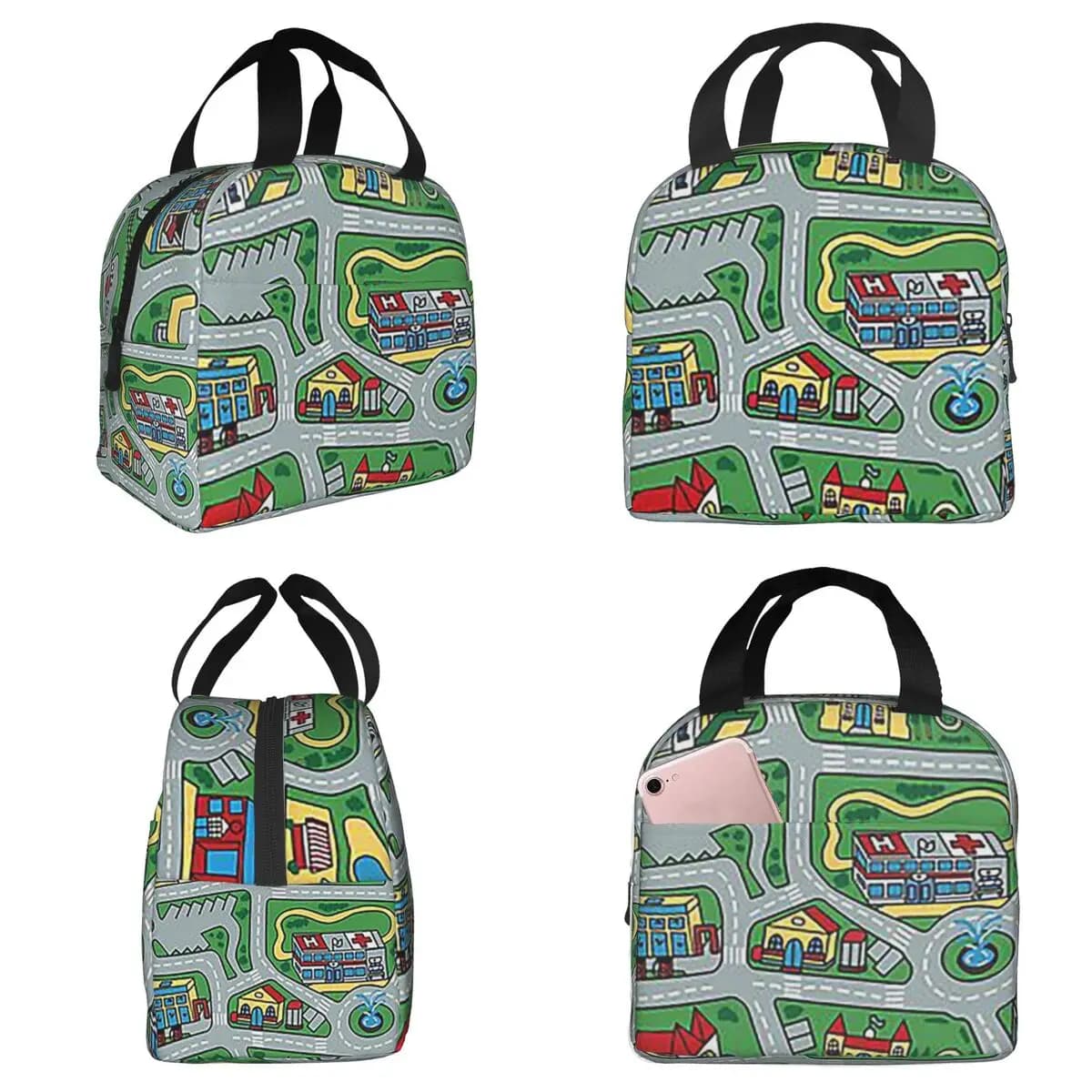 Car City Carpet Road Rug 90s Nostalgic Toy Insulated Lunch Bag for Women Office Cooler Thermal Food Box Tote Portable