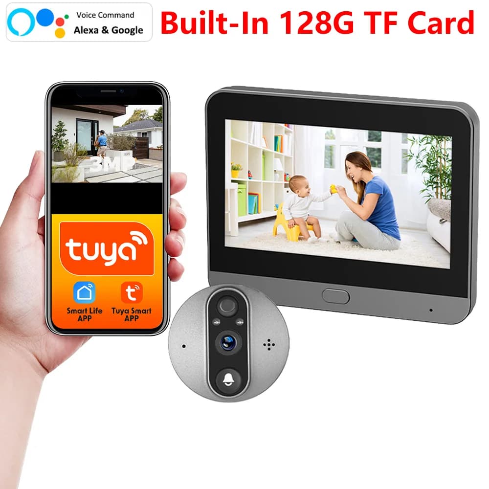 Alexa Google 3MP Smart Life Tuya 1080P WiFi Campanello Spioncino per occhi Batteria per fotocamera PIR 940NM Visualizzatore digitale IR con scheda TF 128G