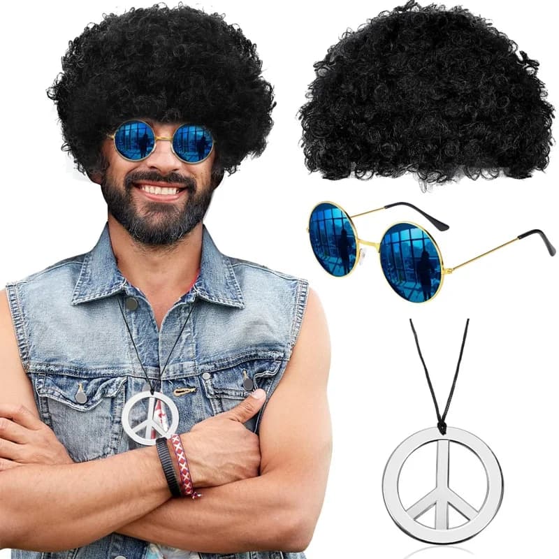 Parrucche da uomo Cappelli Parrucca sintetica Cappello Occhiali da sole Collana 3 pezzi Set Divertente Discoteca Hippie Capelli corti ricci Halloween Puntelli per feste cosplay