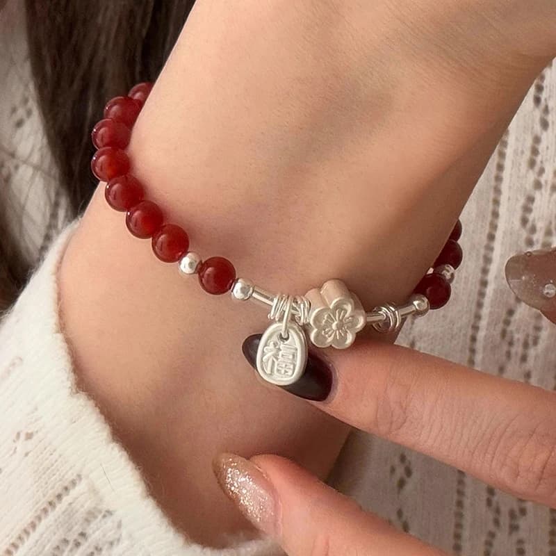 Bracciale in Argento Sterling 925 con Agata Rossa per Donne, Ciondolo a Fiore, Perla Portafortuna, Gioiello Originale, Regalo, Dropshipping