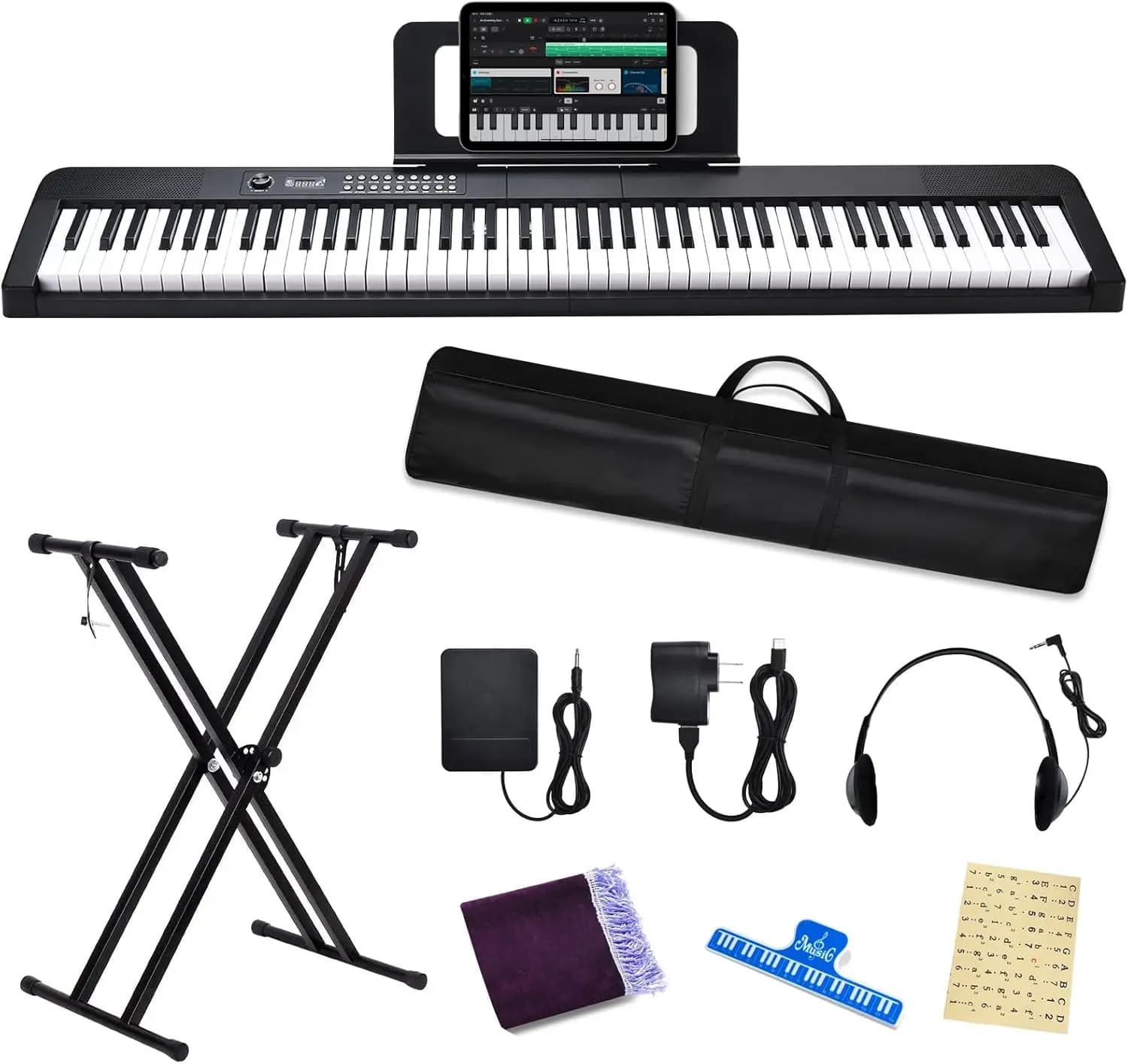 88-Key Digital Piano Keyboard with Semi-Weighted Keys, Electric Piano Includes Sustain Pedal, Power Adapter, Stand, Carrying Case, Headphones, USB-MIDI Connectivity, for Adult Beginners