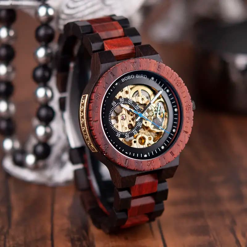 Men's automatic mechanical watch, bright, with skeletal dial, steampunk style, wood, man's, for business.