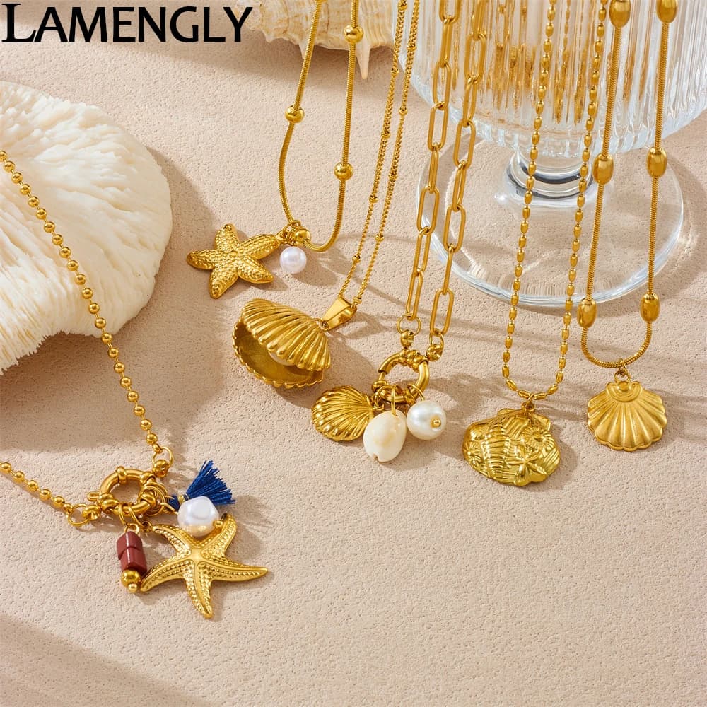LAMENGLY Collana con ciondolo stella marina in acciaio inossidabile 316L conchiglia di perle di animali marini Collana da donna con catena classica estiva per il tempo libero