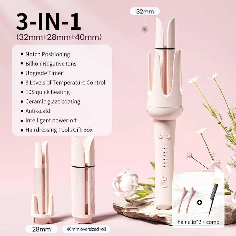 Automatic spraying 3 in 1 Hair hammer for negative ions Interchangeable barns Automatic rotation 3 heat settings Salon Styler